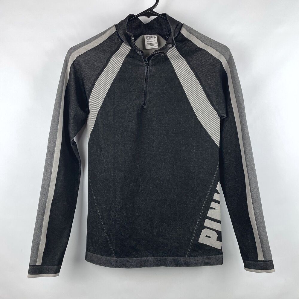 VS PINK Womens Ultimate Quarter Zip Pullover Track Jacket Small S Gray Spellout